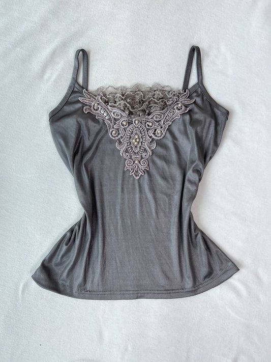 Pearl Embroidery Neckline Grey Cami