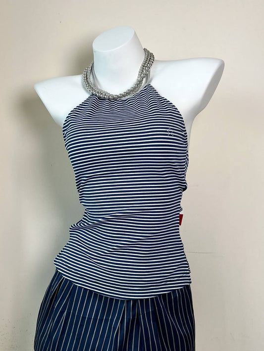 Navy High Neck Striped Halter