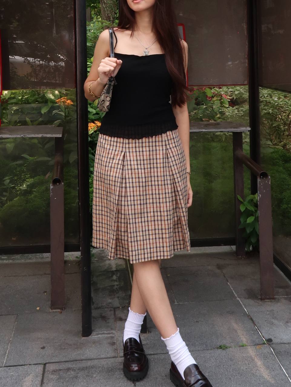Beige Tartan Pleated Midi Skirt
