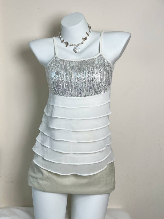 White Sequinned Ruffle Cami