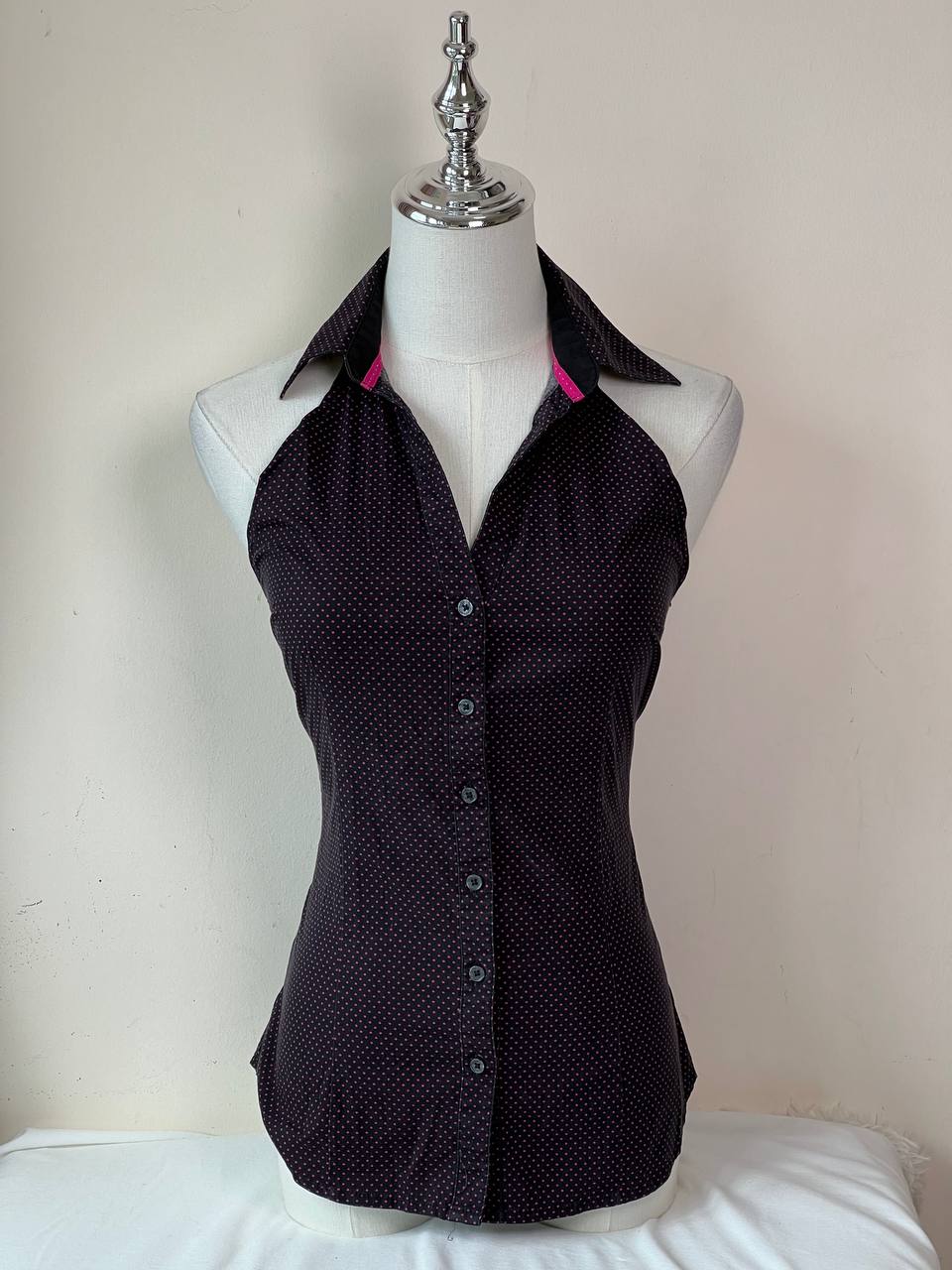 Black w Pink Polka Dots Fitted Halter