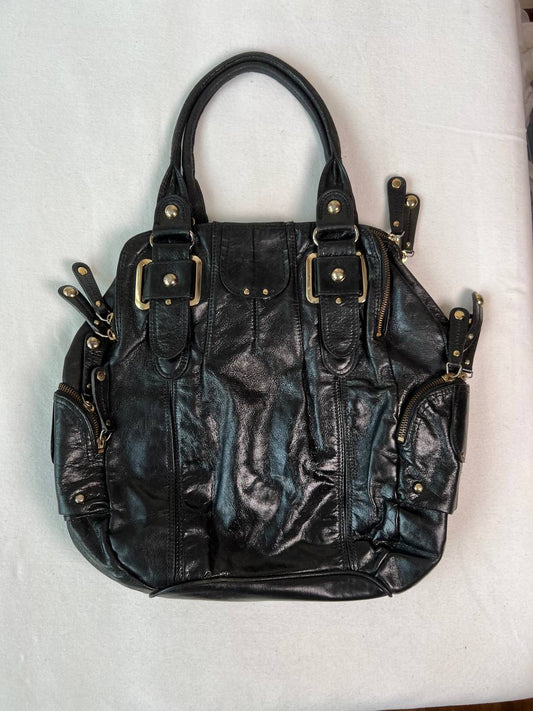 Black Leather Shoulder Bag with Gold Hardware