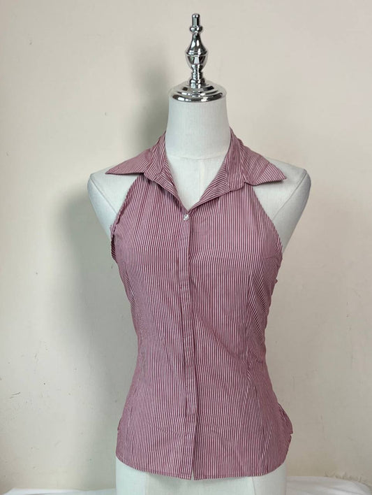 Dark Pink Pinstriped Fitted Halter