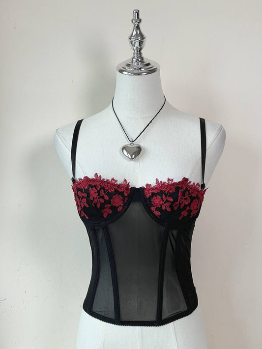 Black Mesh w Red Embroidery Corset