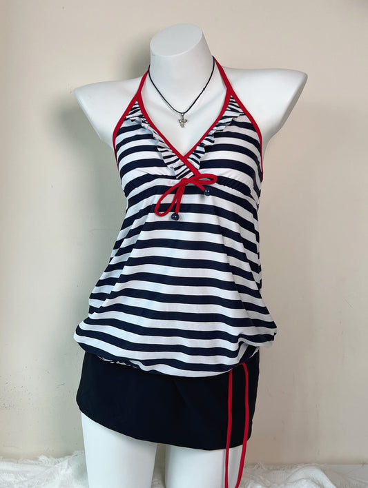 White w Navy Stripe Halter
