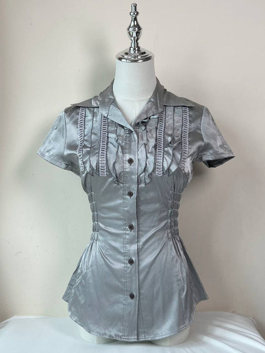 Grey Ruffle Fitted Blouse