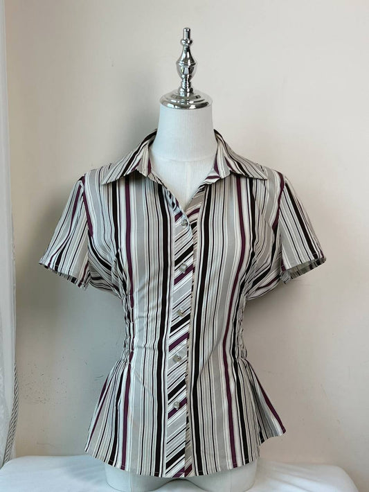 Burgundy & Beige Striped Fitted Blouse