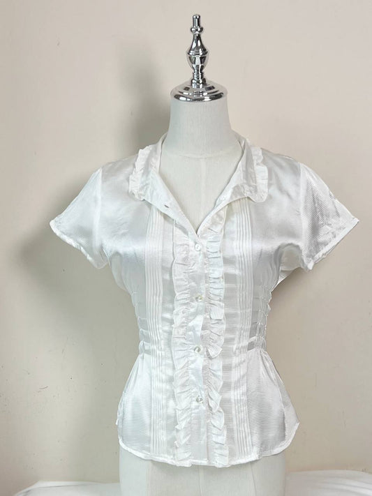 White Satin Ruffle Fitted Blouse