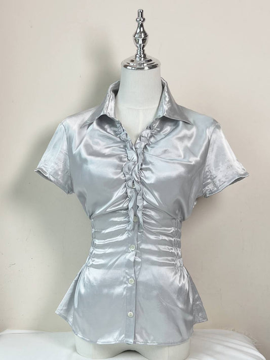 Grey Ruched Satin Fitted Blouse