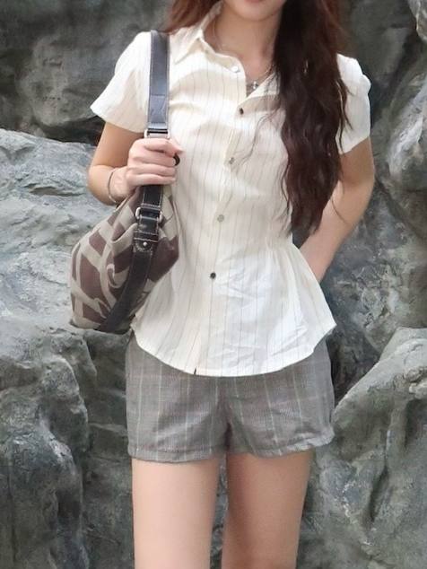 Beige Striped Fitted Blouse