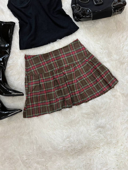 Brown and Red Plaid Skirt