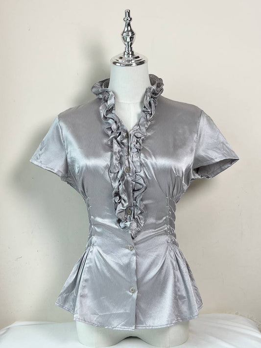 Grey Ruffle Fitted Blouse (Size 11)