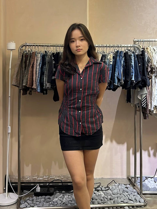Dark Grey Fitted Blouse with Red Stripes