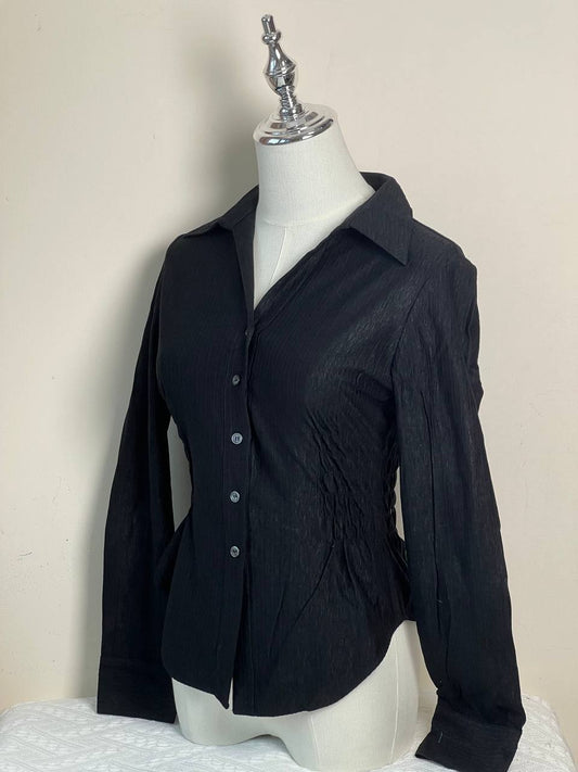 Black Textured Long Sleeve Fitted Blouse