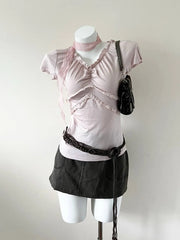 Baby Pink Ruched Ruffle Blouse 1