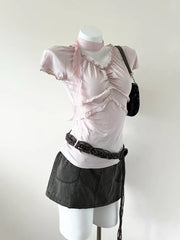 Baby Pink Ruched Ruffle Blouse 2