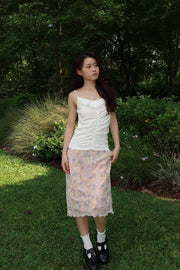 Baby Pink with Blue Florals Midi Skirt 1