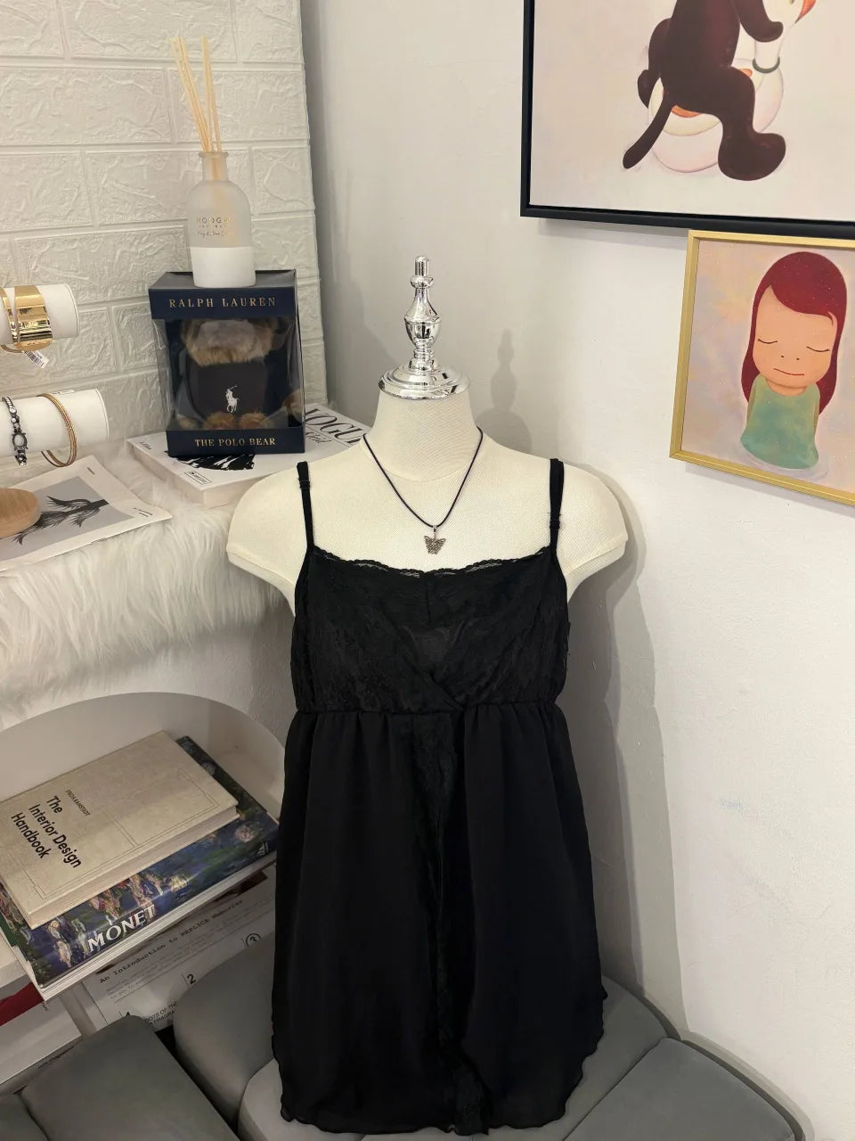 Babydoll Tie-back Lace Trim Black Cami 1