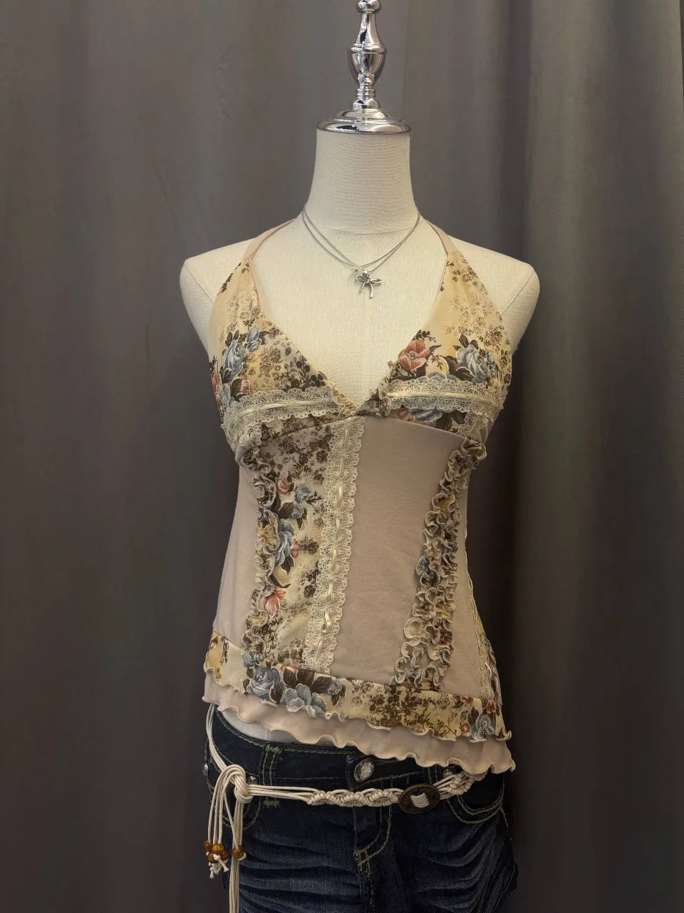 Beige Floral Asymmetrical Hem Reworked Halter 1
