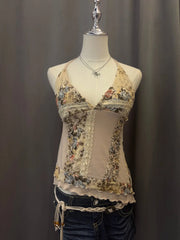 Beige Floral Asymmetrical Hem Reworked Halter 1