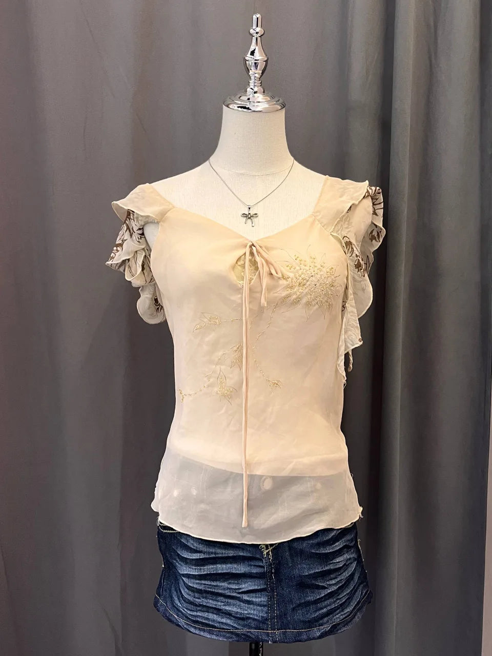 Beige Flutter Sleeve Blouse 1