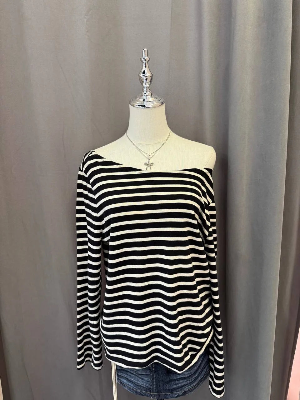 Black and White Stripe Off Shoulder Top (Long Sleeve) 1