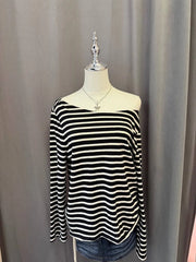 Black and White Stripe Off Shoulder Top (Long Sleeve) 1