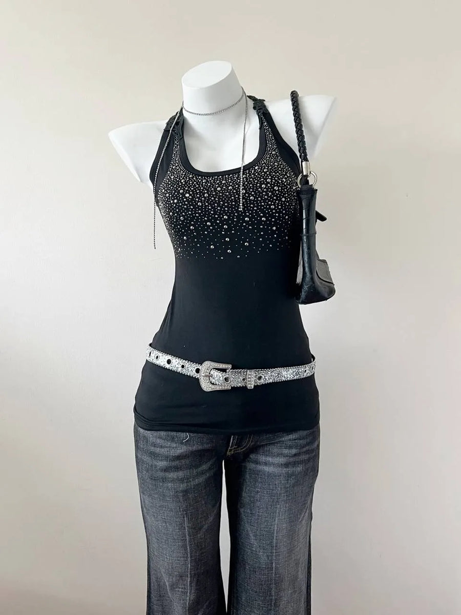 Black Bedazzled Fitted Tank