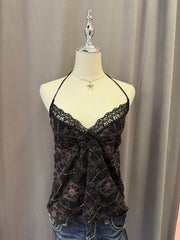 Black Embroidered Lace Neckline Halter 1