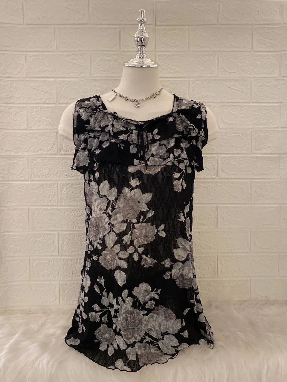 Black Floral Ruffle Square Neck Tank 1
