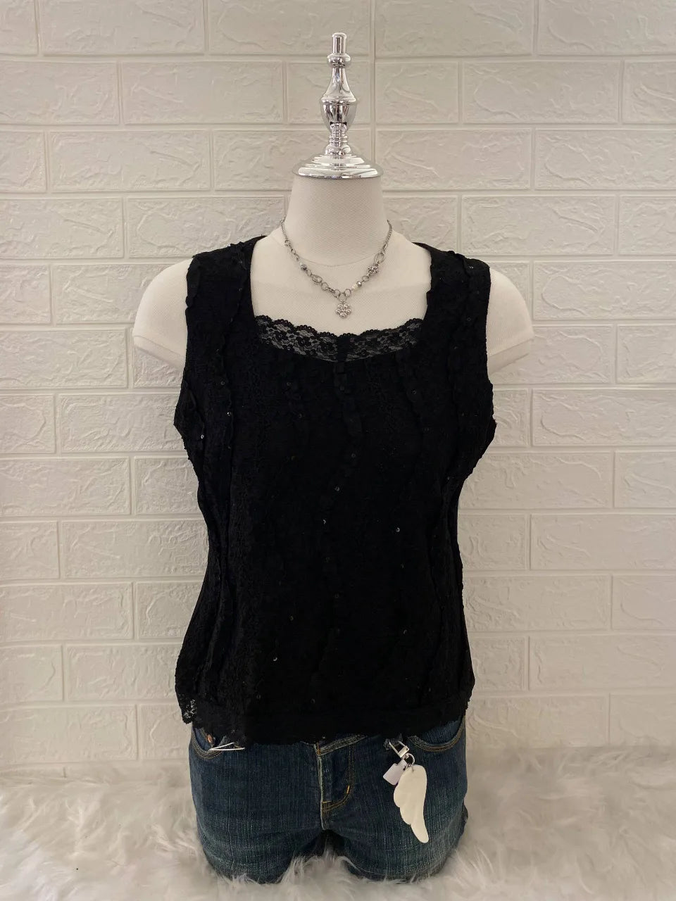 Black Lace Overlay Square Neck Tank 1