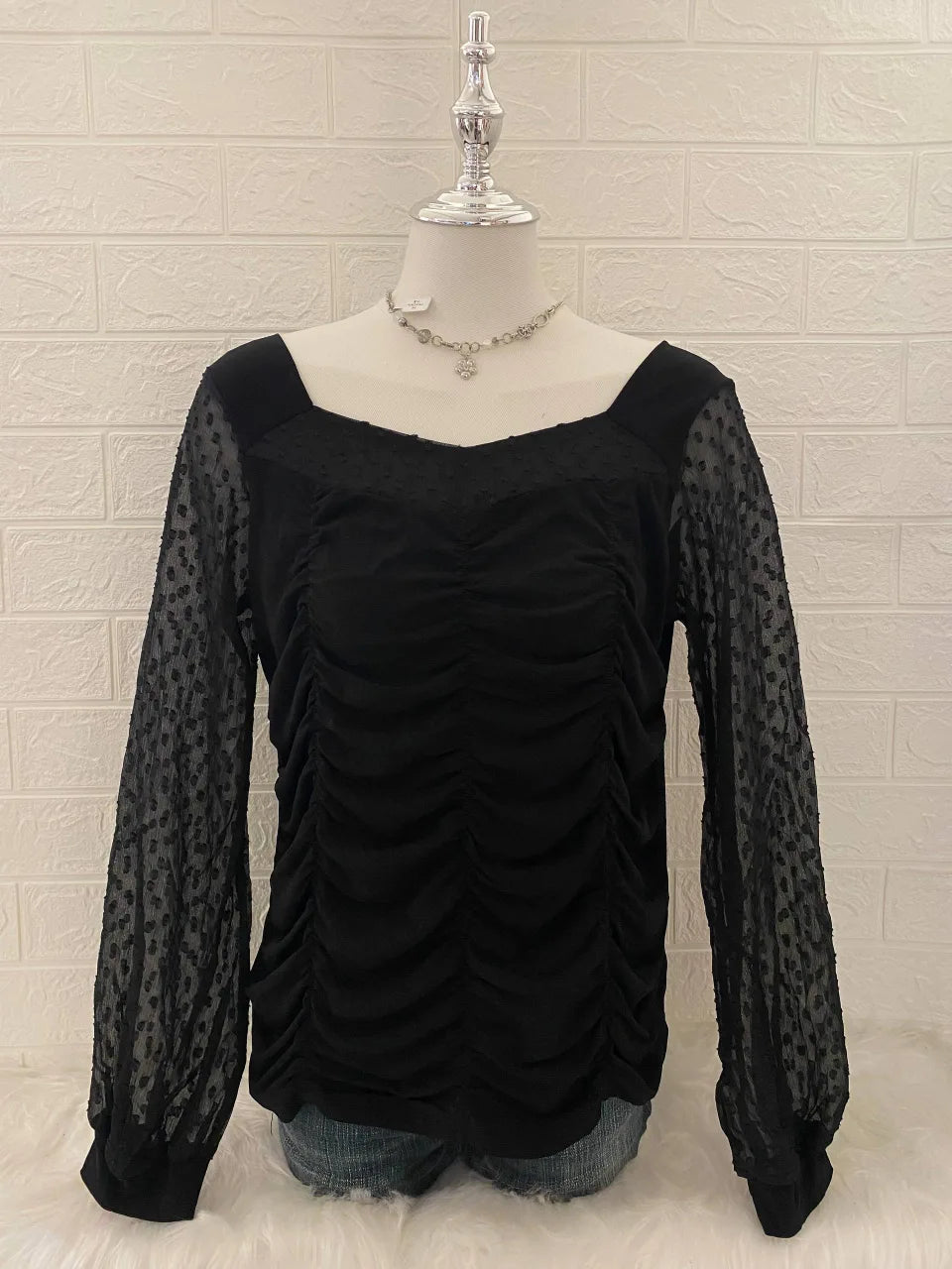 Black Mesh Balloon Long Sleeve Ruched Blouse 1