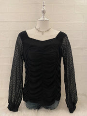 Black Mesh Balloon Long Sleeve Ruched Blouse 1
