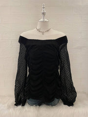 Black Mesh Balloon Long Sleeve Ruched Blouse 2