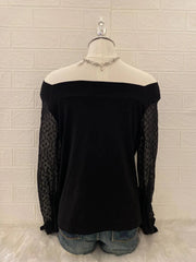 Black Mesh Balloon Long Sleeve Ruched Blouse 3