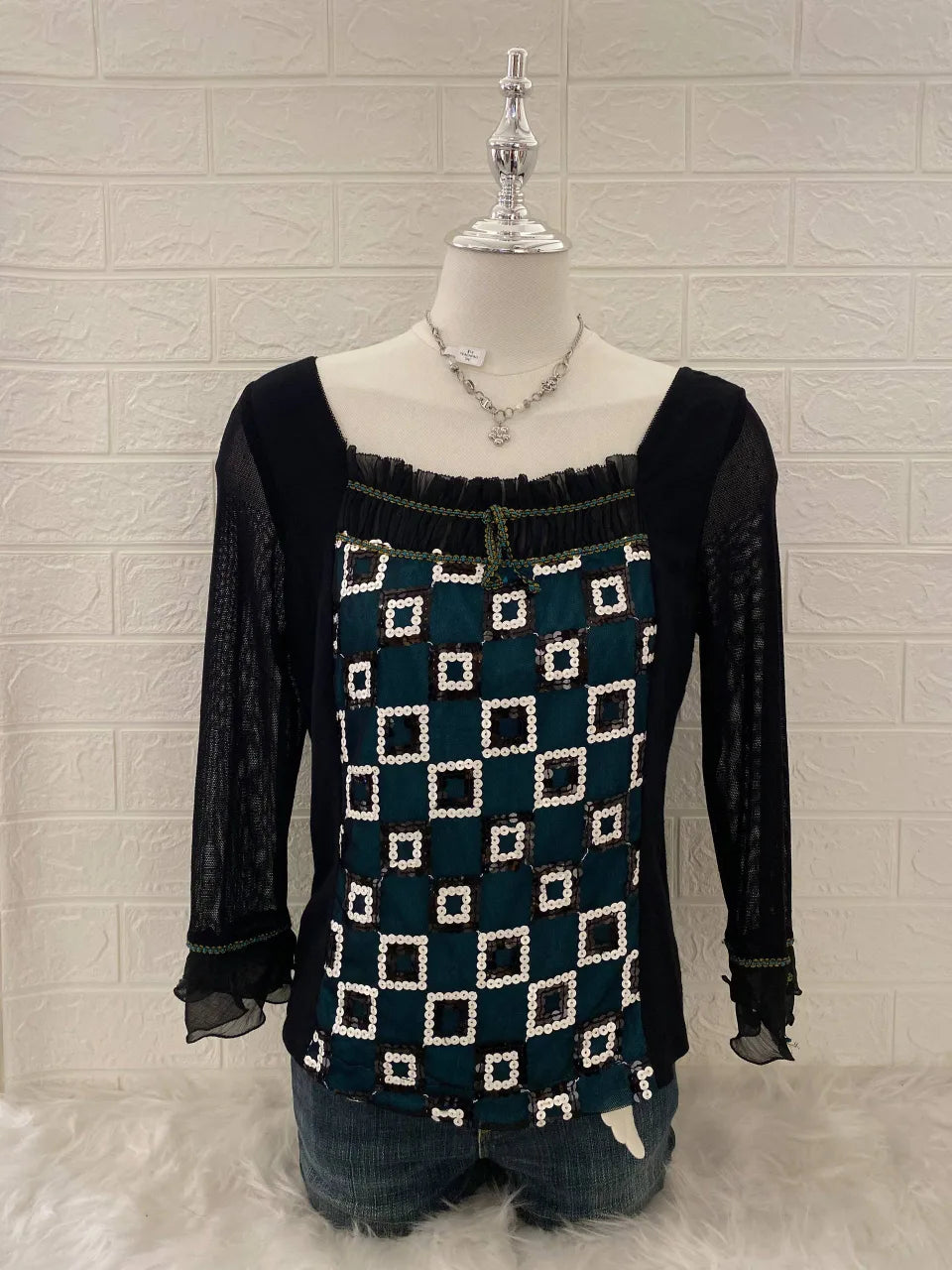 Black Patterned Long Sleeve Blouse 1