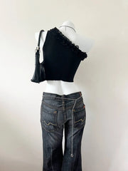 Black Ruffle Neckline Ribbed Toga 3