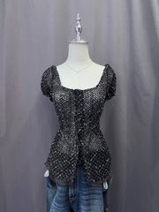 Black Sequin Babydoll Blouse 2