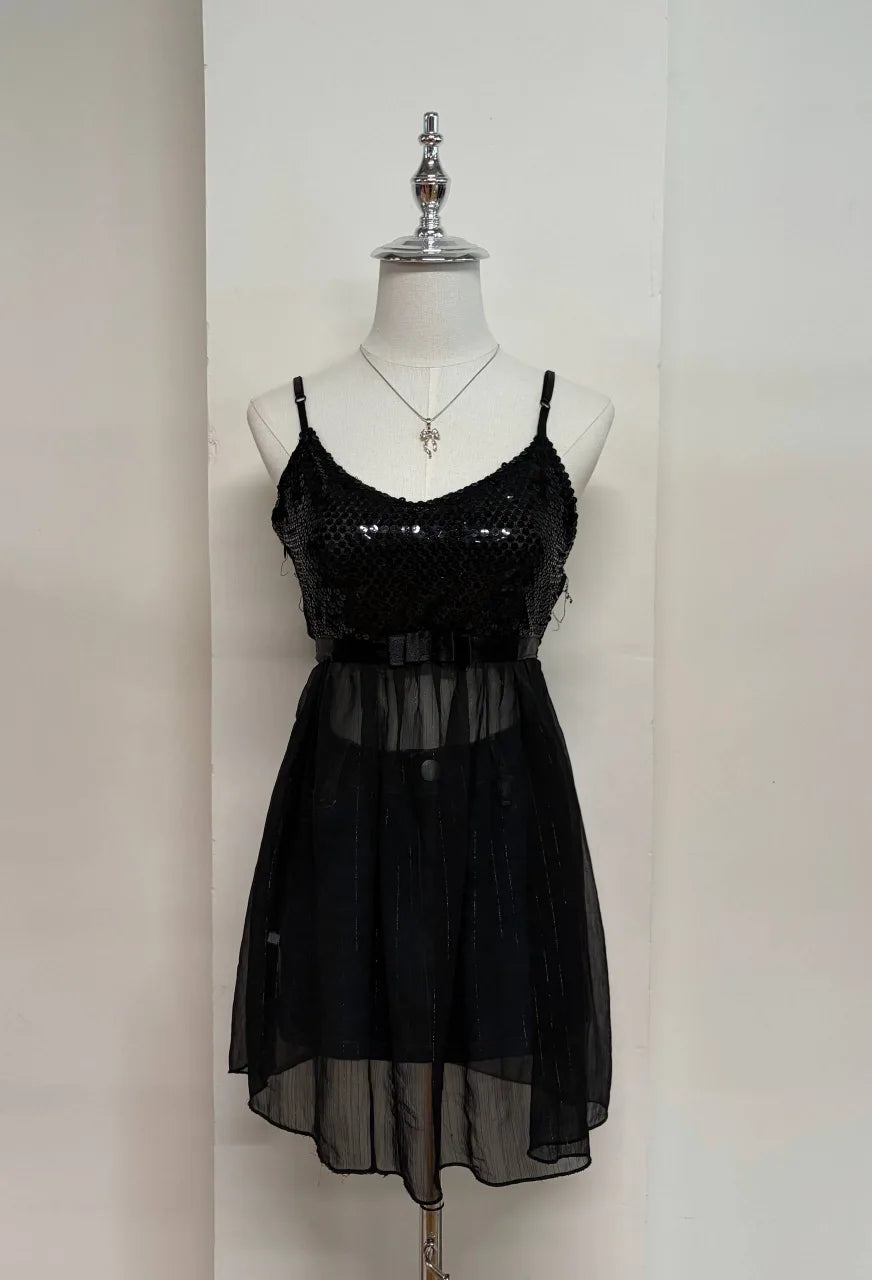 Black Sequinned Half Sheer Cami Dress 1