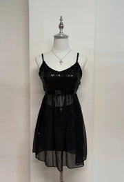 Black Sequinned Half Sheer Cami Dress 1
