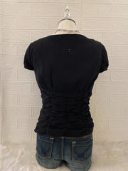 Black Studded Puff Sleeve Ruched Blouse 2