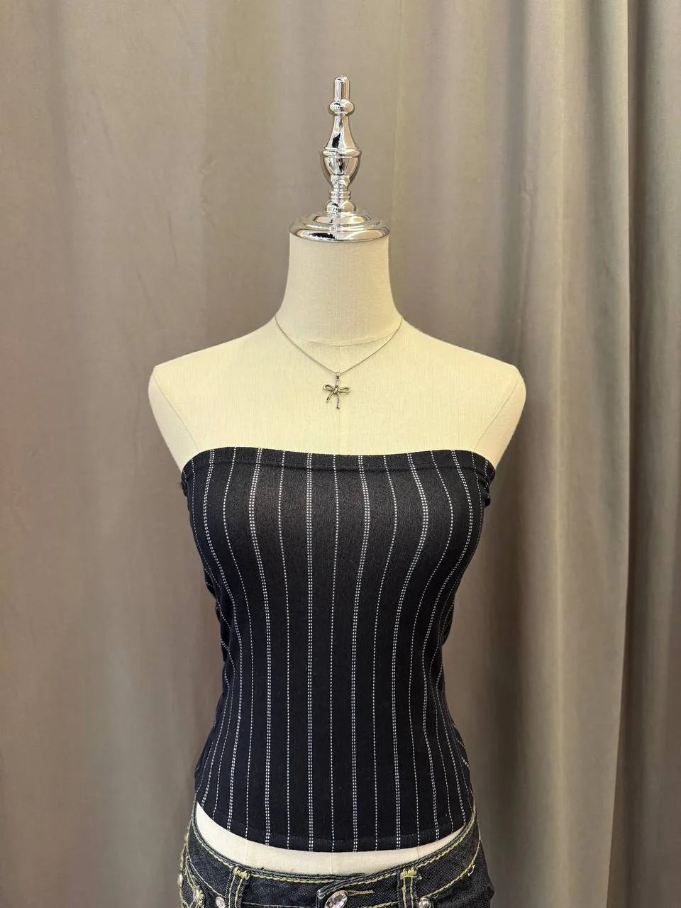 Black Vertical Striped Reworked Tube Top 1