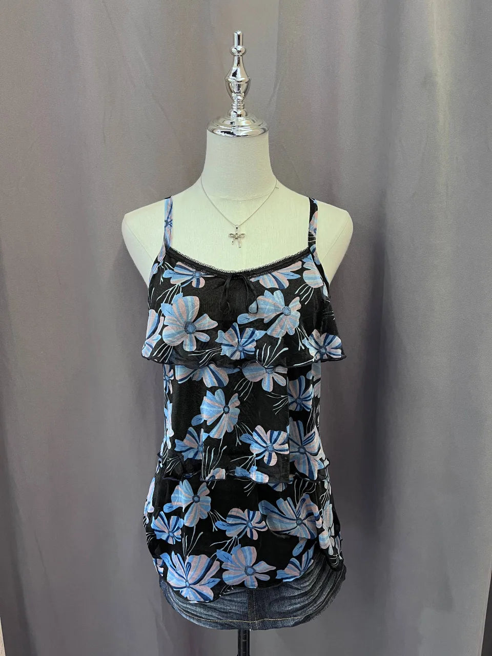 Black with Blue Florals Ruffle Tier Cami 1