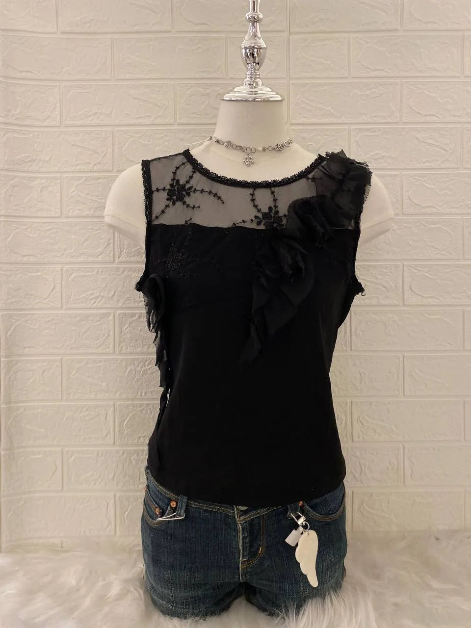 Black with Mesh Embroidery Tank 1