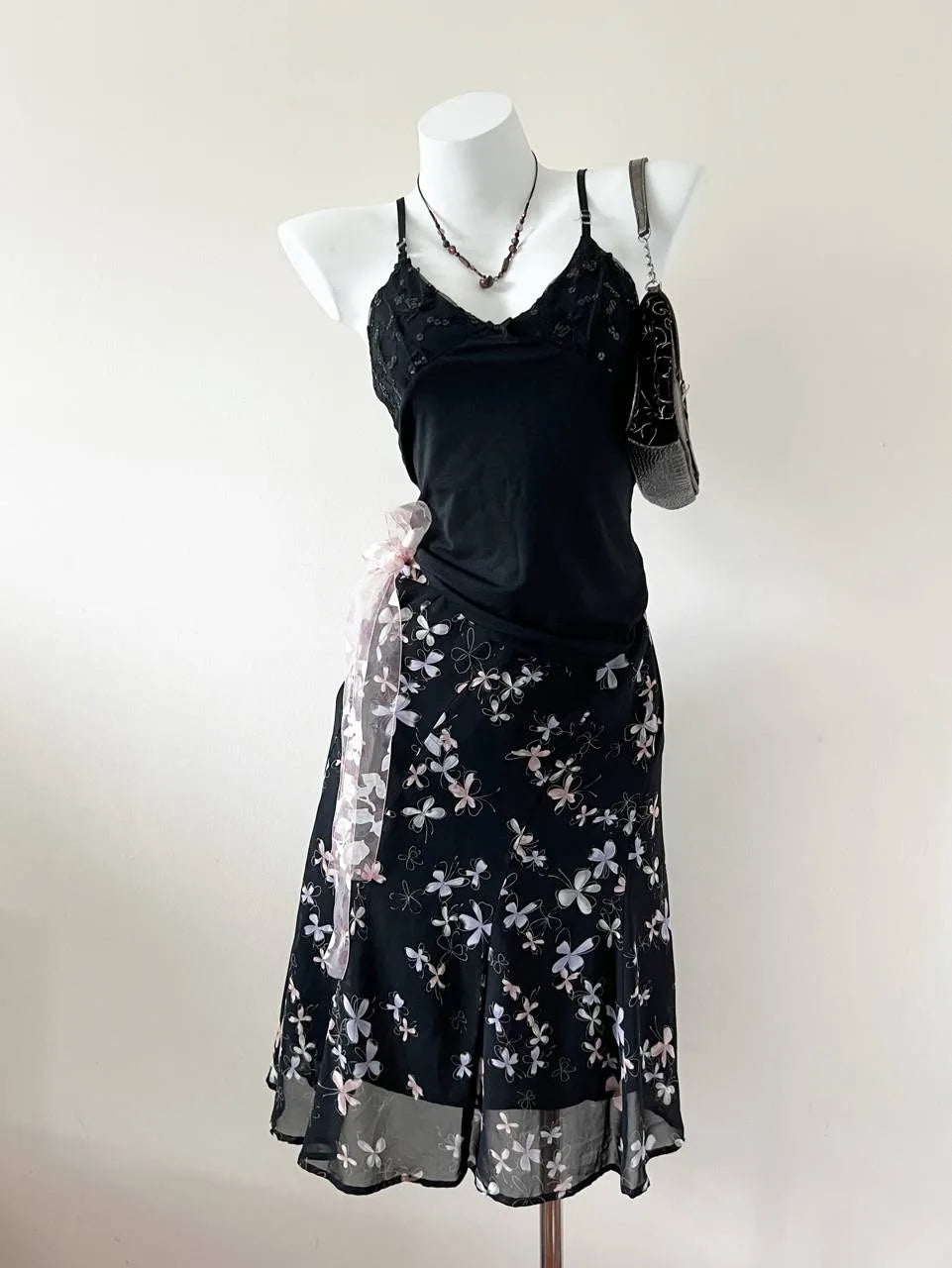 Black with Pastel Florals Midi Skirt 1