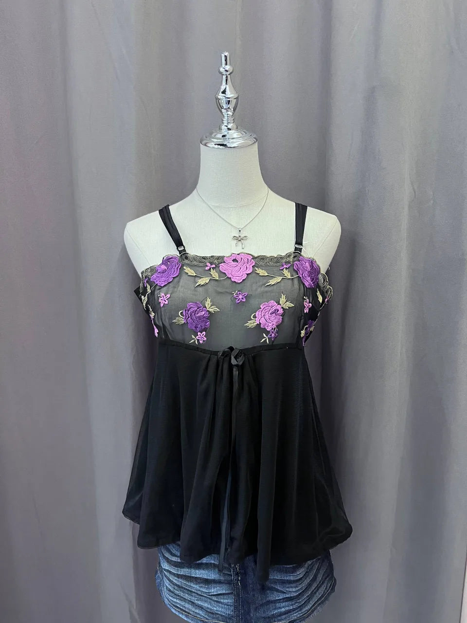 Black with Purple Floral Bust Babydoll Cami 1