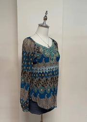 Blue and Brown Sequin Printed Long Sleeve Blouse 2