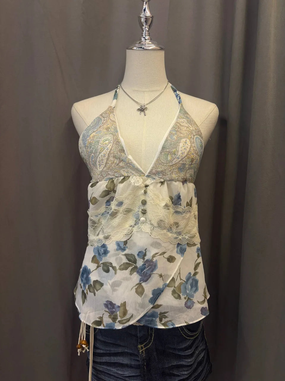 Blue And White Floral Printed Reworked Halter 1