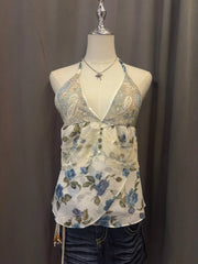 Blue And White Floral Printed Reworked Halter 1