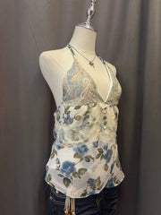 Blue And White Floral Printed Reworked Halter 2